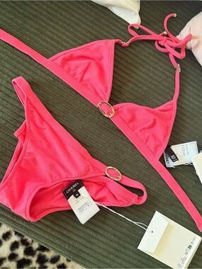 CHANEL Pink Triangle Bikini Set with Silver Rings